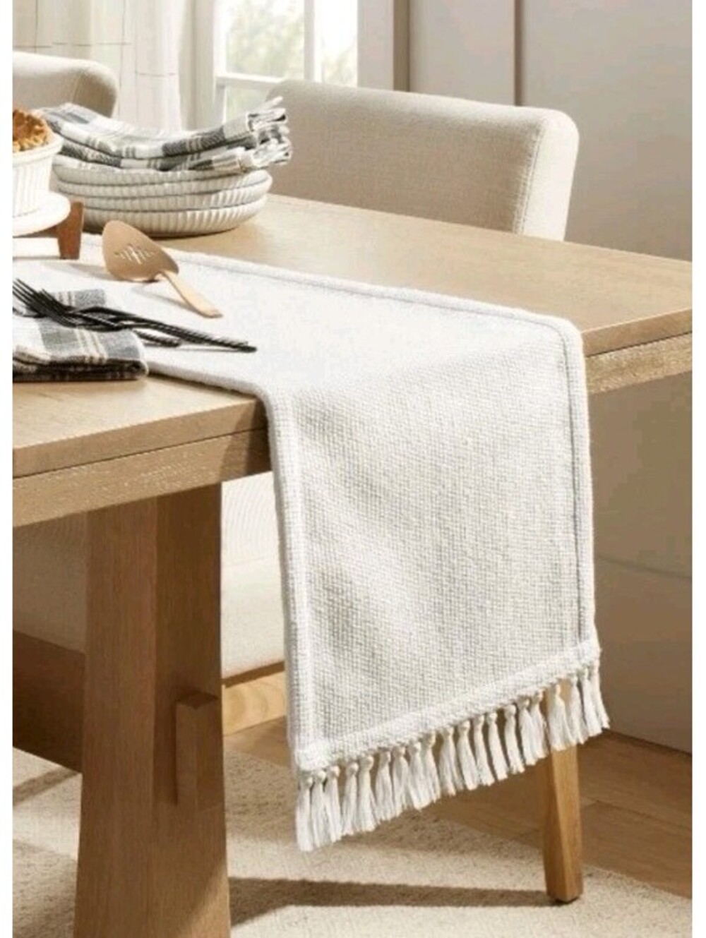 Table Runner 14” x 72” Pebble Texture Woven Cream Fringed Hearth & Hand Magnolia